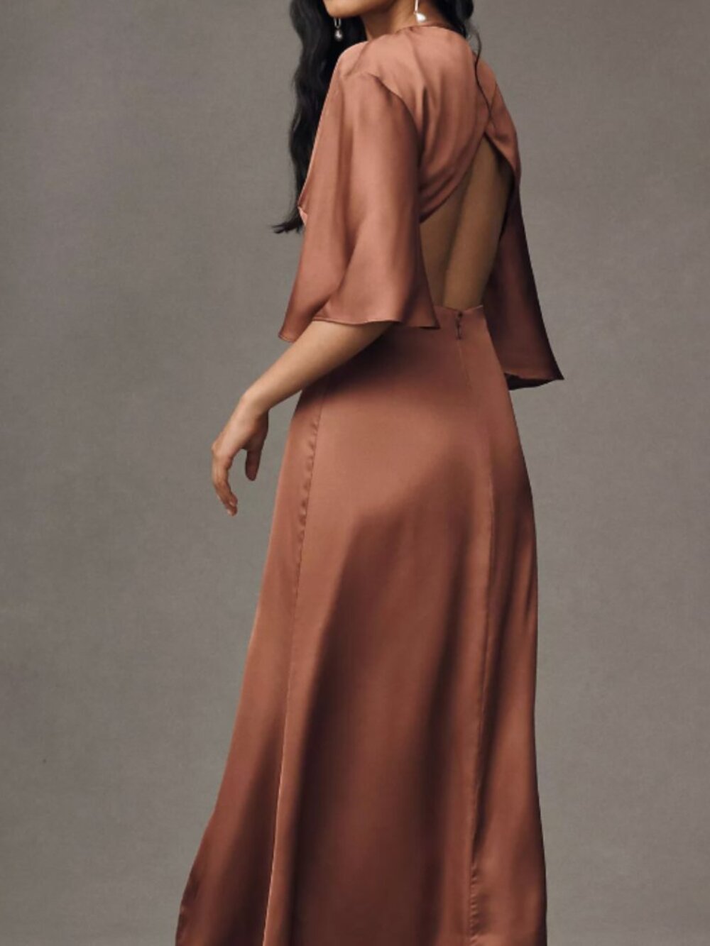 BHLDN Copper Satin Midi Dress Open Back Women's Size Small NWT Side Slit
